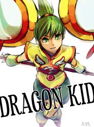  chinese_clothes commentary_request detached_sleeves dragon_kid female green_eyes green_hair hair_ornament hat huang_baoling perspective photoshop_(medium) ponytail ratsunagina short_hair shorts solo staff superhero_costume thighhighs tiger_&amp;_bunny 