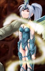  armor beimei blue_hair boots choking defeated detached_sleeves drool drooling female female headband ibo legend_of_dragoon leotard melbu_frahma meru_(dragoon) meru_(lod) pixiv_manga_sample ponytail red_eyes saliva strangling strangulation sweat the_legend_of_dragoon thigh_strap wingly wings 