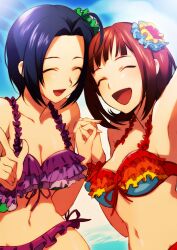  2girls ahoge akiyoshi_haru amami_haruka armpits bikini closed_eyes commentary_request flower frilled_bikini frills front-tie_top hair_flower hair_ornament holding_hands idolmaster idolmaster_(classic) interlocked_fingers miura_azusa multiple_girls navel open_mouth pointing side-tie_bikini_bottom smile swimsuit vivid_bikini_(idolmaster) 