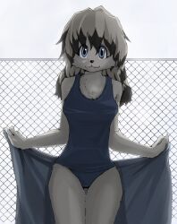  adolescent anthro biped blue_eyes canid canine chain-link_fence clothing female fence holding_object holding_towel looking_at_viewer mammal one-piece_swimsuit ooku solo standing swimwear towel young young_anthro young_female 