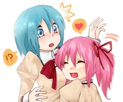  /\/\/\ 2girls ^_^ bad_id bad_pixiv_id banned_artist blue_eyes blue_hair blush closed_eyes hair_ribbon heart hug kaname_madoka mahou_shoujo_madoka_magica miki_sayaka multiple_girls open_mouth pink_hair ribbon runamatu school_uniform short_twintails surprised twintails 