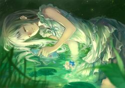  ano_hi_mita_hana_no_namae_wo_bokutachi_wa_mada_shiranai. blurry book closed_eyes commentary_request depth_of_field dress female flower frills glowing grass green_theme honma_meiko lily_pad long_hair lying on_side photoshop_(medium) silverwing sleeveless sleeveless_dress smile solo tears water white_hair 