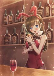  alcohol animal_ears bad_id bad_pixiv_id bar_(place) blue_eyes blush bottle breasts brown_hair cup detached_collar drinking_glass female hands highres long_hair medium_breasts natsu_natsuna oerba_yun_fang original pantyhose playboy_bunny rabbit_ears smile solo wine wine_glass wrist_cuffs 