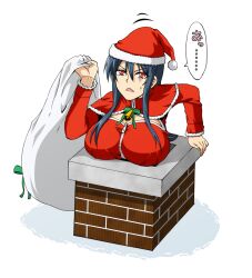  bad_id bad_pixiv_id bell blue_hair breast_rest breasts chimney christmas diamond_cut_diamond female hat large_breasts long_hair open_mouth original pale_eye red_eyes ribbon sack santa_costume santa_hat shigyou_yuuyami solo stuck taguchi_kenji_(omaep) 