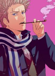  1boy ascot axis_powers_hetalia bad_id bad_pixiv_id blonde_hair blue_eyes coat hands ishizaki_miwako kiseru male_focus netherlands_(hetalia) open_mouth scar scarf shade simple_background smoke smoking smoking_pipe solo upper_body 