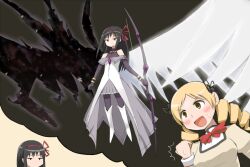  2girls adapted_costume akemi_homura akemi_homura_(magical_girl) angel_wings asymmetrical_wings bare_shoulders black_hair bow_(weapon) commentary_request drill_hair imagining magical_girl mahou_shoujo_madoka_magica mahou_shoujo_madoka_magica_(anime) multiple_girls neri_gozu pantyhose spoilers tomoe_mami tomoe_mami_(magical_girl) weapon wings 