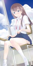  chair clothes_lift copyright_name d: desk dress_shirt female hot kazuto_izumi nicomi.com on_chair open_mouth original school_desk school_uniform shirt shoes sitting skirt skirt_lift socks solo sweat uwabaki watermark web_address white_socks window 