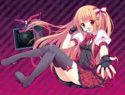  black_thighhighs blush boots bow brown_eyes brown_hair commentary_request female fingerless_gloves gloves hairbow headset long_hair open_mouth original outstretched_arm photoshop_(medium) plaid plaid_skirt sakura_hanpen sitting skirt smile solo speaker thigh_boots thighhighs 