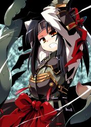  armor arms_up black_hair brown_eyes clenched_teeth commentary_request female japanese_clothes long_hair md5_mismatch ponytail sekaiju_no_meikyuu sekaiju_no_meikyuu_3 shogun_(sekaiju) shogun_2_(sekaiju) solo sword teeth tentacle tomoshibi_hidekazu weapon 