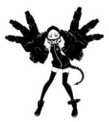  black_rock_shooter bow bow_legwear commentary dress english_commentary female greyscale high_collar hood hoodie kriss_sison mechanical_arms monochrome red_eyes single_mechanical_arm sleeveless sleeveless_hoodie solo spot_color strength_(black_rock_shooter) sweater sweater_dress tail thighhighs 