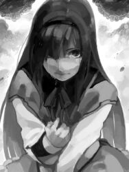  akemi_homura akemi_homura_(magical_girl) black_hair closed_mouth commentary_request crying crying_with_eyes_open female greyscale gripping_clothes hairband long_hair long_sleeves looking_at_viewer magical_girl mahou_shoujo_madoka_magica mahou_shoujo_madoka_magica_(anime) monochrome nomesuke solo tears tegaki 