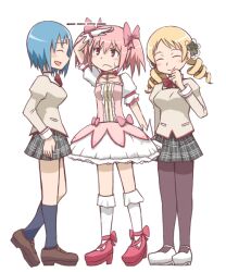  3girls blonde_hair blue_hair commentary_request drill_hair gloves kaname_madoka kaname_madoka_(magical_girl) magical_girl mahou_shoujo_madoka_magica mahou_shoujo_madoka_magica_(anime) miki_sayaka mitakihara_school_uniform multiple_girls neri_gozu pantyhose pink_eyes pink_hair school_uniform short_twintails tomoe_mami twintails 