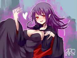  black_dress blush breasts cape cleavage dress erect_nipples female final_fantasy final_fantasy_ii long_hair monster_girl open_mouth oshiruko_(tsume) pointy_ears purple_hair red_eyes solo tsume_(artist) vampire vampire_girl 