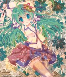  aqua_eyes armpits arms_up bad_id bad_pixiv_id blue_eyes breasts cleavage female green_eyes green_hair honoka_chiffon kochiya_sanae long_hair medium_breasts midriff navel photoshop_(medium) skirt solo thighhighs touhou white_thighhighs zettai_ryouiki 