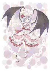  104_(luins104) adapted_costume bad_id bad_pixiv_id bare_shoulders bat_wings blue_hair bobby_socks bow bowed_wings bracelet embellished_costume female frills hat hat_bow highres jewelry large_wings pointy_ears remilia_scarlet short_hair slit_pupils smile socks solo touhou tsurime wings wrist_cuffs 