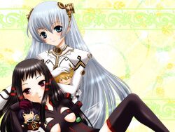  2girls ar_tonelico ar_tonelico_i ar_tonelico_ii black_hair blue_eyes blush character_doll chroah_vatel doll flat_chest grey_hair inumori_sayaka jakuri_(ar_tonelico) long_hair lyner_barsett multiple_girls red_eyes shurelia_(ar_tonelico) thighhighs 