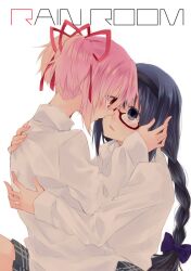  2girls akemi_homura bad_id bad_pixiv_id black_hair blush braid commentary_request glasses hair_ribbon hairband hug kaname_madoka long_hair mahou_shoujo_madoka_magica mahou_shoujo_madoka_magica_(anime) multiple_girls pink_eyes pink_hair purple_eyes red-framed_eyewear ribbon tadano_kagekichi twin_braids yuri 