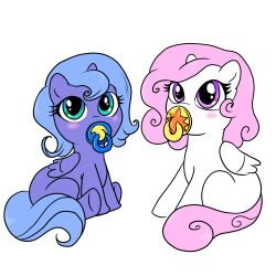  1:1 alicorn avoid_posting binkies blue_body blue_eyes blue_hair egophiliac equid equine female friendship_is_magic full_of_daww hair hasbro hi_res horn horse madmax mammal my_little_pony mythological_creature mythological_equine mythology pacifier pink_eyes pink_hair pony princess princess_celestia_(mlp) princess_luna_(mlp) royalty simple_background white_background white_body wings young 