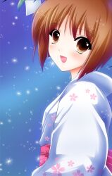  brown_eyes brown_hair commentary female hagiwara_yukiho idolmaster idolmaster_(classic) japanese_clothes kimono night open_mouth photoshop_(medium) ryusei2u sky smile solo star_(sky) starry_sky 