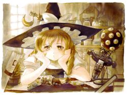  bad_id bad_pixiv_id black_dress blonde_hair blush book bottle braid candy crescent dress female food hat keiko_(mitakarawa) kirisame_marisa long_hair painting_(medium) planetarium solo star_(symbol) telescope touhou traditional_media watercolor_(medium) window witch_hat yellow_eyes 