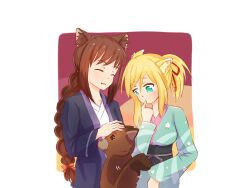  2girls animal animal_ears blonde_hair braids brioche_d&#039;arquien brown_eyes brown_hair canine dog_days doggirl foxgirl green_eyes japanese_clothes kimono long_hair ponytail ribbons tail yukikaze_panettone 