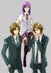  3boys androgynous brothers crossdressing crossdressing formal gundam gundam_00 lockon_stratos lyle_dylandy male male_focus multiple_boys necktie neil_dylandy purple_hair siblings skirt suit thighhighs tie tieria_erde trap twins 