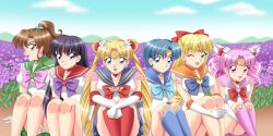  6+girls 6girls aino_minako artist_request bishoujo_senshi_sailor_moon blonde_hair blue_eyes blue_hair breasts brown_hair character_request chibi_usa female flower green_eyes hino_rei kino_makoto konami_jioto large_breasts long_hair mizuno_ami multiple_girls panties pantyshot pink_hair purple_eyes purple_hair red_eyes sailor_chibi_moon sailor_jupiter sailor_mars sailor_mercury sailor_moon sailor_venus sitting smile tsukino_usagi twintails underwear very_long_hair wink 