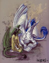  book clothed clothing dragon duo female kneeling magic male membrane_(anatomy) membranous_wings mythological_creature mythological_scalie mythology nathradas nude occult_symbol pentacle reading rooth scalie student study symbol teacher wings wraps 