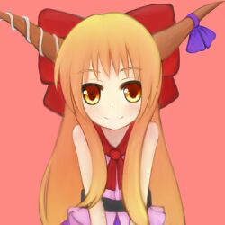  96tuki bad_id bad_pixiv_id blush bow female hairbow horn_ornament horn_ribbon horns ibuki_suika long_hair looking_at_viewer orange_eyes orange_hair ribbon simple_background smile solo touhou upper_body 