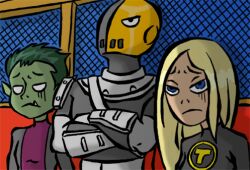  2boys beast_boy beast_boy_(dc) blonde_hair blue_eyes cartoon_network crossed_arms dc_comics deathstroke female green_hair green_skin lowres mask multiple_boys pixiv_thumbnail sitting slade slade_wilson superhero teen_titans terra_(dc) 