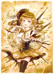  bad_id bad_pixiv_id beret black_thighhighs blonde_hair blush breasts brown_thighhighs corset detached_sleeves drill_hair female fingerless_gloves gloves gun hair_ornament hairpin hat keiko_(mitakarawa) large_breasts long_hair magical_girl magical_musket mahou_shoujo_madoka_magica mahou_shoujo_madoka_magica_(anime) outstretched_arm outstretched_hand painting_(medium) pleated_skirt puffy_sleeves ribbon rifle skirt solo striped_clothes striped_thighhighs thighhighs tomoe_mami tomoe_mami_(magical_girl) traditional_media twin_drills twintails vertical-striped_clothes vertical-striped_thighhighs watercolor_(medium) weapon yellow_eyes zettai_ryouiki 