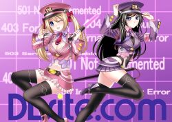  2girls 403 404 adjusting_clothes adjusting_headwear bad_id bad_link bad_nicoseiga_id black_legwear blonde_hair blue_eyes blush breasts cleavage cleavage_cutout clothing_cutout guriimu hair_ribbon hat high_heels http_status_code leg_up long_hair medium_breasts midriff multiple_girls navel necktie one_eye_closed open_mouth original peaked_cap photoshop_(medium) pleated_skirt police police_uniform policewoman ribbon shoes skirt smile thighhighs traffic_baton twintails uniform whistle zettai_ryouiki 