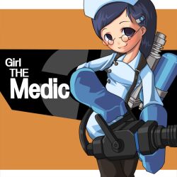  blu_medic_(tf2) blue_eyes blue_gloves blue_hair commentary_request female genderswap_(mtf) glasses gloves gun hat medi_gun medic_(tf2) mr_kunimitsu nurse nurse_cap photoshop_(medium) rule_63 solo team_fortress_2 weapon 