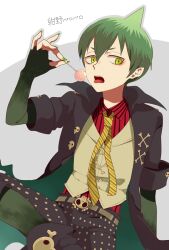  amaimon ao_no_exorcist banned_artist belt candy coat food green_eyes green_hair harano lollipop male_focus necktie skull solo striped striped_neckwear tongue vest 