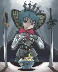  armor blue_eyes blue_hair bowl cape commentary_request female h.n.elly_(kirsten) mahou_shoujo_madoka_magica mahou_shoujo_madoka_magica_(anime) mermaid miki_sayaka monster_girl neri_gozu oktavia_von_seckendorff rice spoilers sword television weapon wide_face |_| 