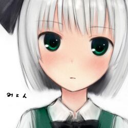  96tuki bad_id bad_pixiv_id blunt_bangs blush bob_cut close-up female green_eyes konpaku_youmu looking_at_viewer short_hair simple_background solo touhou white_hair 