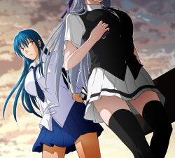  2girls bad_id bad_pixiv_id bag black_thighhighs blue_hair breasts cellphone diamond_cut_diamond hand_on_own_hip head_out_of_frame large_breasts long_hair multiple_girls necktie official_art phone red_eyes ribbon school_bag school_uniform shigyou_yuuyami silver_hair skirt taguchi_kenji_(omaep) thighhighs vest yodogimi_rinko zettai_ryouiki 