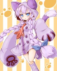  animal_hands blazblue blue_eyes blush bow braid cat_tail commentary_request cosplay female hair_ribbon highres hood leg_warmers long_hair neko_yume patchouli_knowledge purple_hair purple_tail ribbon solo standing standing_on_one_leg tail taokaka taokaka_(cosplay) touhou twin_braids twintails 