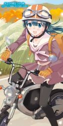  :d bicycle black_pantyhose copyright_name female gloves goggles goggles_on_head helmet kazuto_izumi motor_vehicle motorcycle motorcycle_helmet nicomi.com open_mouth original pantyhose riding school_uniform serafuku smile solo watermark web_address 