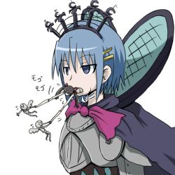  armor blue_eyes blue_hair cape commentary_request daniyyel+jennifer eating female h.n.elly_(kirsten) hair_ornament hairclip mahou_shoujo_madoka_magica mahou_shoujo_madoka_magica_(anime) miki_sayaka neri_gozu oktavia_von_seckendorff pulling spoilers 