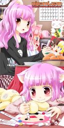  3girls :d :o animal_ears blush casual cat_ears copyright_name drawing fujoshi multiple_girls nicomi.com noto_(soranoto) open_mouth original pink_eyes pink_hair plaid plaid_skirt purple_eyes purple_hair shirt skirt smile t-shirt watermark web_address 