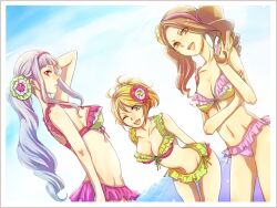  3girls 9wa bad_id bad_pixiv_id bikini blonde_hair breasts brown_eyes brown_hair cleavage dutch_angle green_eyes grey_hair hair_ornament hoshii_miki idolmaster idolmaster_(classic) long_hair medium_breasts midriff minase_iori multiple_girls navel one_eye_closed open_mouth ponytail red_eyes shijou_takane smile swimsuit twintails vivid_bikini_(idolmaster) 