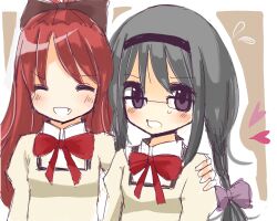  akemi_homura bad_id bad_pixiv_id banned_artist closed_eyes glasses hand_on_shoulder itou_mikan mahou_shoujo_madoka_magica multiple_girls oerba_yun_fang sakura_kyouko school_uniform 