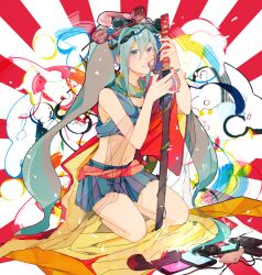  aqua_hair bad_id bad_pixiv_id blue_eyes female hatsune_miku katana long_hair midriff navel phone ro53 sitting skirt solo sword twintails very_long_hair vocaloid weapon 