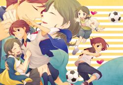  1boy bad_id bad_pixiv_id brown_eyes brown_hair casual closed_eyes female green_hair heart ichinose_kazuya inazuma_eleven inazuma_eleven_(series) inazuma_eleven_go jacket kino_aki school_uniform short_hair soccer_uniform sportswear wakaya_hana 