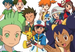  bandana bandana blue_eyes blue_hair brown_eyes brown_hair dark_skin dawn_(pokemon) dent_(pokemon) everyone glasses green_eyes green_hair happy haruka_(pokemon) iris_(pokemon) kasumi_(pokemon) kenji_(pokemon) lolicon long_hair masato_(pokemon) orange_hair pikachu piplup pokemon pokemon_(anime) pokemon_(game) pokemon_black_and_white pokemon_bw pokemon_diamond_and_pearl pokemon_dppt pokemon_rse pokemon_ruby_and_sapphire purple_hair satoshi_(pokemon) scarf smile suspenders takeshi_(pokemon) very_long_hair wink 