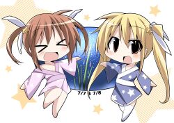  &gt;_&lt; 2girls bamboo bibi02 blonde_hair blush_stickers brown_hair chibi closed_eyes commentary_request fate_testarossa hair_ornament hair_ribbon japanese_clothes kimono long_hair lyrical_nanoha mahou_shoujo_lyrical_nanoha md5_mismatch multiple_girls off_shoulder ribbon star_(sky) star_(symbol) takamachi_nanoha tanabata twintails 