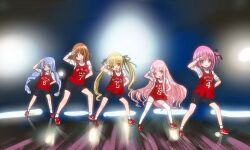  5girls bike_shorts blue_hair braid brown_hair dancing glasses hair_ribbon hakamada_hinata kashii_airi long_hair minato_tomoka misawa_maho multiple_girls nagatsuka_saki open_mouth poin_(hidsuki) ribbon ro-kyu-bu! rou-kyuu-bu! salute side_ponytail twin_braids twintails 