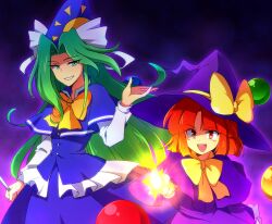  2girls aged_down ball blush bow commentary_request danmaku dress green_eyes green_hair hanjuku_tomato hat kirisame_marisa kirisame_marisa_(pc-98) long_hair mima_(touhou) multiple_girls orange_eyes red_hair short_hair smile star_(symbol) story_of_eastern_wonderland touhou touhou_(pc-98) witch_hat wizard_hat 