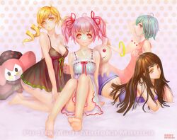  4girls :3 ahoge akemi_homura artist_name barefoot blue_hair breasts charlotte_(madoka_magica) chinese_commentary cleavage commentary_request copyright_name dated drill_hair kaname_madoka kyuubee long_hair looking_at_viewer mahou_shoujo_madoka_magica mahou_shoujo_madoka_magica_(anime) medium_breasts miki_sayaka multiple_girls nightgown orry parted_lips photoshop_(medium) pink_eyes pink_hair profile ribbon-trimmed_clothes ribbon_trim short_hair smile tomoe_mami twin_drills twintails witch_(madoka_magica) 